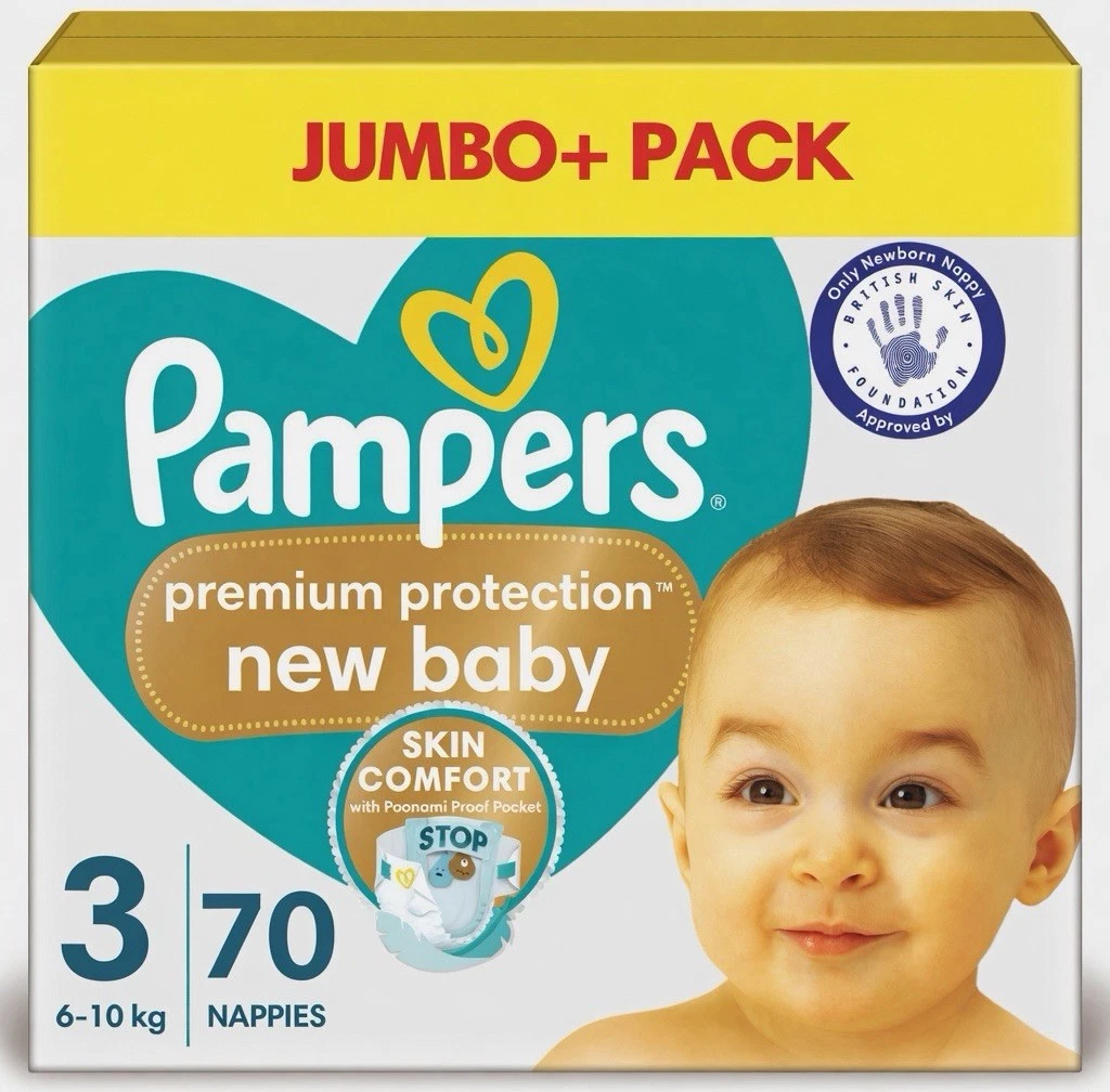 Pampers New Baby Size3 Nappy 6-10Kg Premium Protection Soft Jumbo+Pack 70Nappies