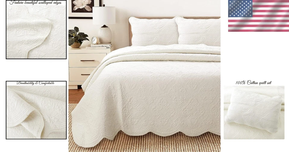 Reversible 100% Cotton Oversized King Quilt Set - Elegant Ivory Medallion Design - Image 2 of 4