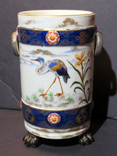 Luneville French Art Pottery Clawfoot Cylinder Vase with Asian Motif