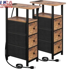 Narrow End Table W/ Charging Station USB Type C AC Outlets Storage Small Spaces