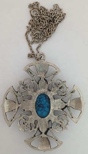 Vintage Faux Turquoise Maltese Cross Southwestern, with 12" Necklace Silver Tone - Picture 7 of 7
