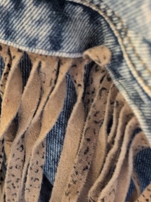 Vintage HAVOC Acid Wash Denim Jean Jacket Leather Fringe Size