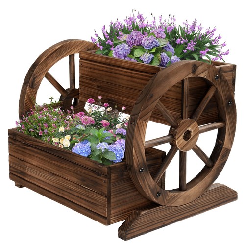 Wooden Wagon Planter Box, Garden Planter with Wheels,Decorative Planter for F...