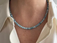 AAA+ Blue Larimar Smooth Round Gemstone Beaded 6MM Men & Women Necklaces 18''