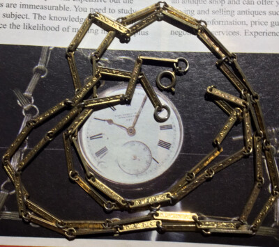 Antique 1920's ART NOUVEAU Pocket WATCH Gold bar Link CHAIN