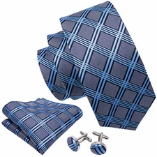 Blue Geometric Designer Necktie Set (with Handkerchief and Cufflinks)