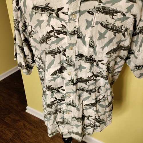 VTG Columbia Mens Fish Shark Print 20% Linen Short Sleeve Shirt Sz XL - Picture 7 of 16