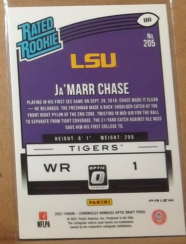 2021 Chronicles DP JA'MARR CHASE (Bengals) Optic SILVER Prizm Rated RC #205 - Picture 2 of 2