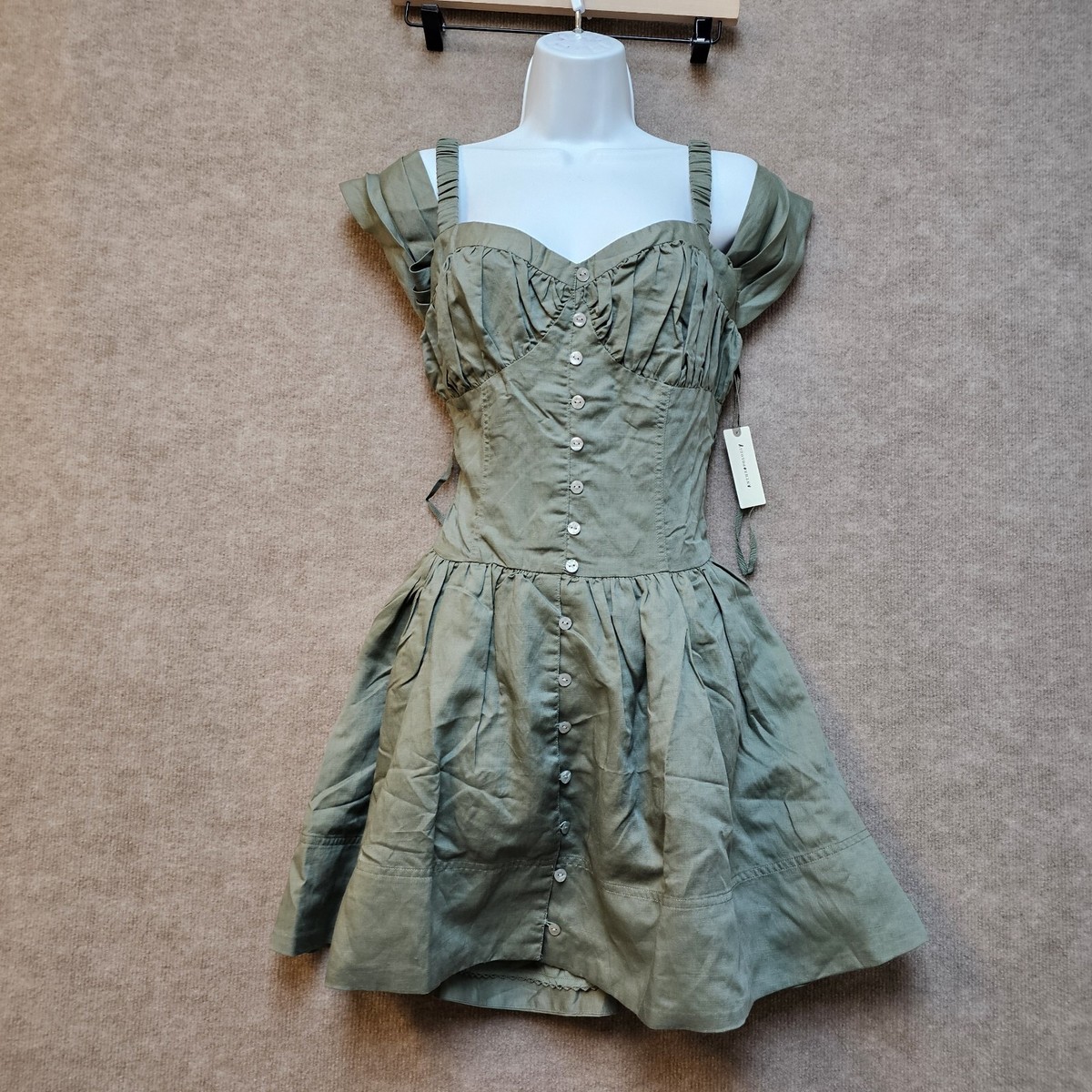 Anthropologie Green Button Up Mini Dress v-neck Sleeveless Size Medium