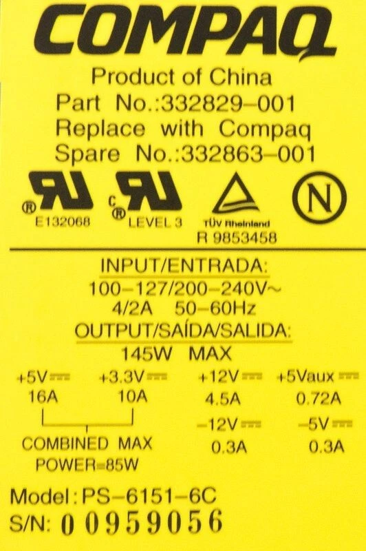 NETZTEILE COMPAQ PS-6151-6C 20-PIN ATX POWER SUPPLY 332863-001 145WATT - Bild 3 von 3