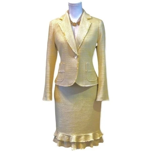 Conjunto Traje Falda Rayón Algodón Amarillo Ann Taylor Chaqueta 8P Falda 6 Excelente Foto 4 de 4