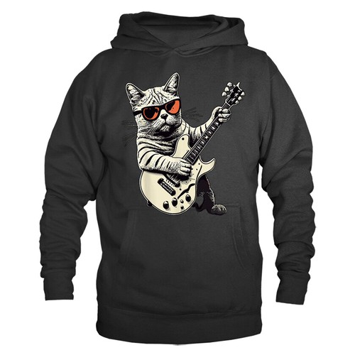 Gato Tocando Guitarra Banda de Música Rock Animales Divertidos Gatito Sudadera con Capucha - Imagen 3 de 10