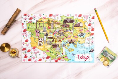 Tokyo Illustrated Map Wooden Jigsaw Puzzle for Children and Adults