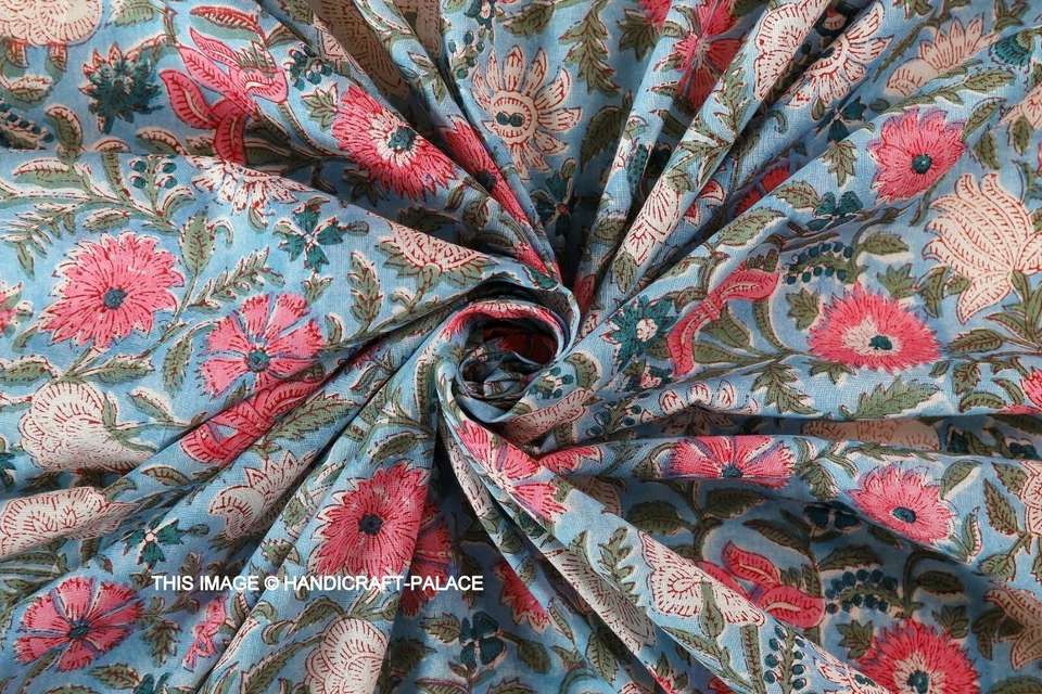 Indian Hand Block Print Flower Beautiful Blue 100% Cotton Women Dress Fabric Art - Image 4 of 4