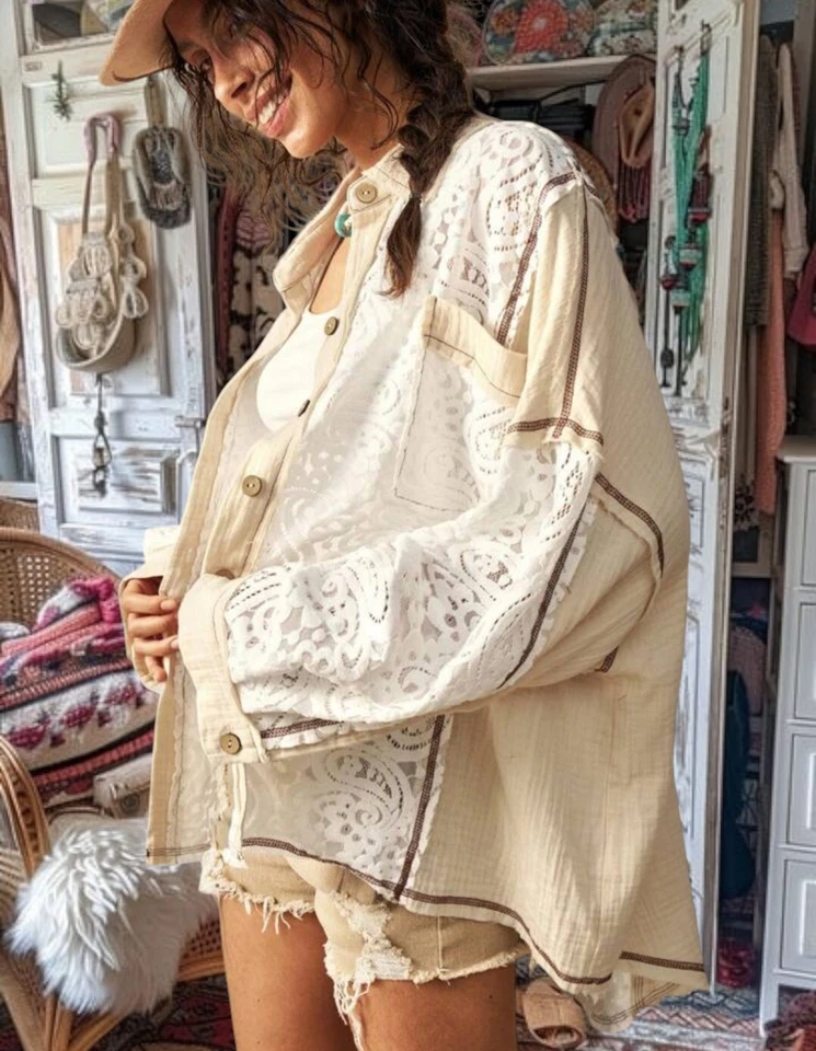 Free people Blanco/Beige Algodón Encaje Bohemio Boho Camisa Top Chaqueta Estilo XL Foto 4 de 4