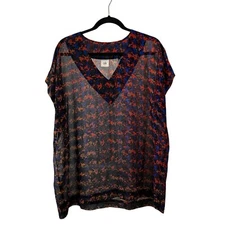 Cabi Womens Top Size L Sheer Short Sleeve Bonus Blouse #3428 Blue Shirt Blouse