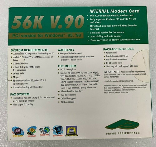 PRIME PERIPHERALS 56k V.90 Modem PCI Internal Faxmodem Model - Picture 2 of 7