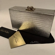 Edie Parker Silver Metallic Jean Acrylic Box Clutch/Bag Textured Reptile