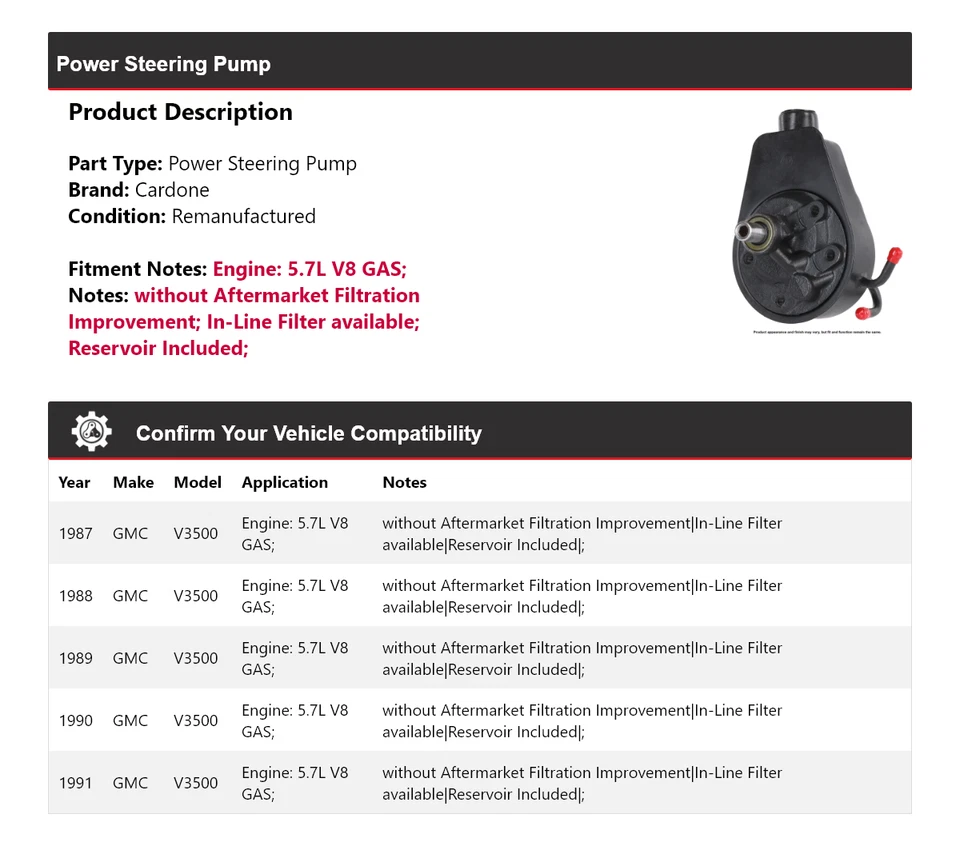 Bomba de dirección asistida Cardone 1988 1989 1990 para GMC V3500 1987-1991 5,7 L V8 GAS Foto 2 de 4