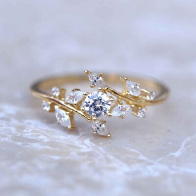 14K Yellow Gold Finish Diamond Bypass Engagement Ring