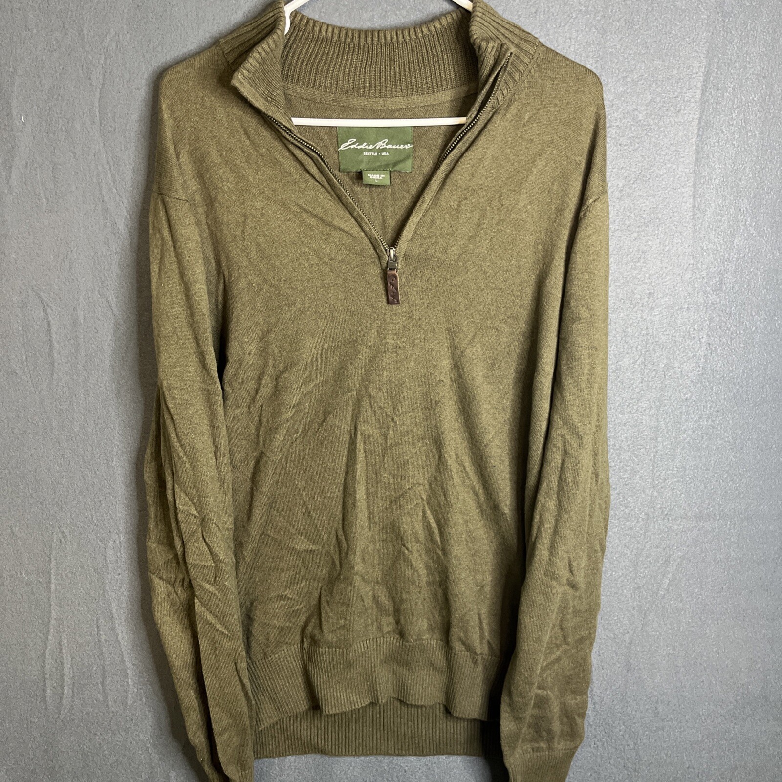 EDDIE BAUER 1/4 Zip UP Mock Neck Green Cashmere Blend Sweater Men's Large Tall