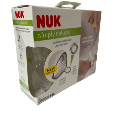NUK Simply Natural Baby Bottles 3 Count 9oz 1+ Mo Medium New Damaged Box