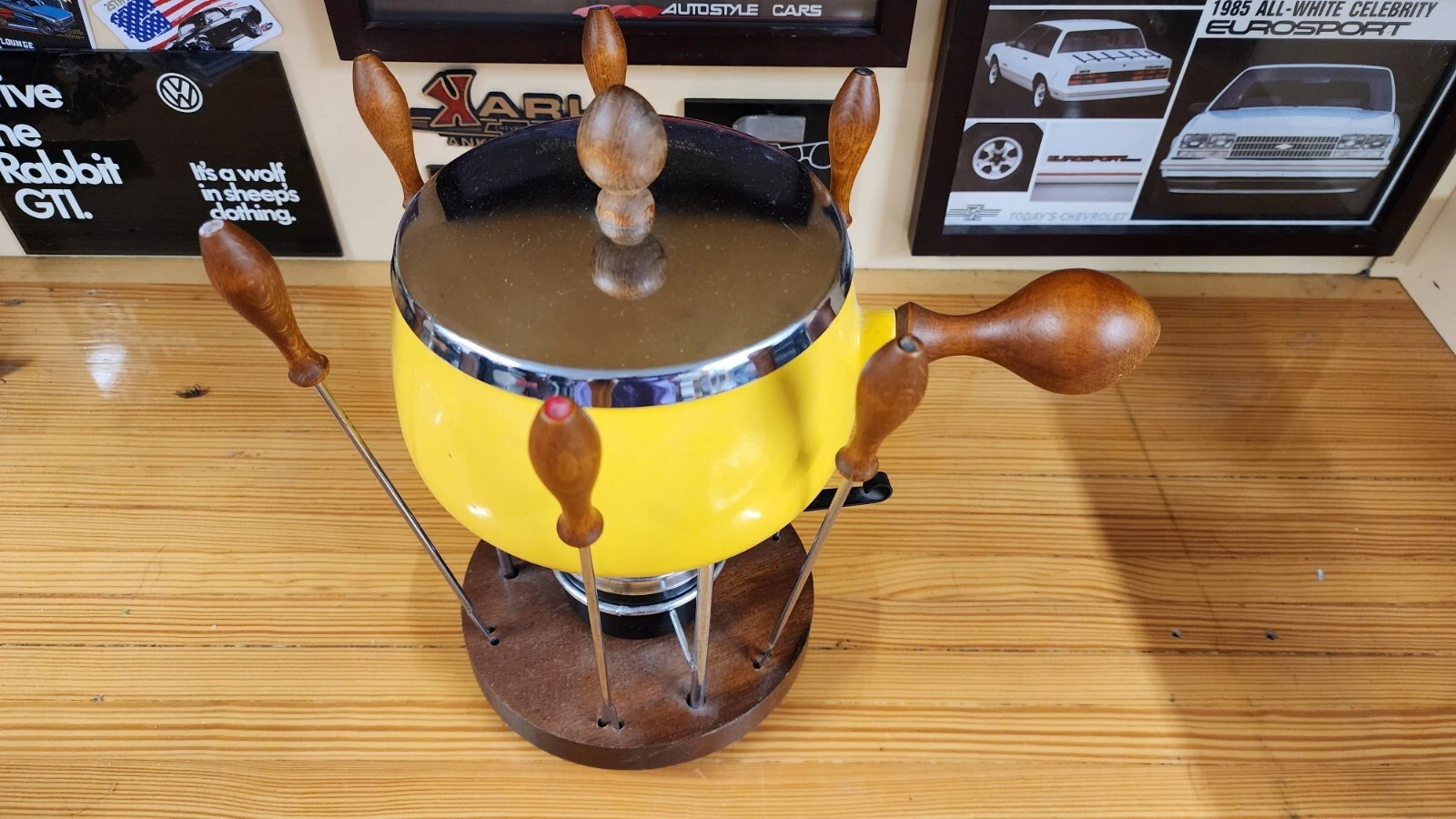 Vintage Yellow Enamel MCM Fondue Set Made In Japan