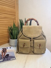 Gucci Beige Leather Bamboo Handle Monogram Women’s Daypack Backpack