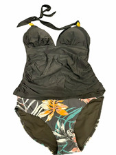Women s 2-Piece Tankini Halter Top Floral Bikini Bottom Set Black M
