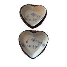Set of 2 Heart Shaped Wicker Basket with Blue Floral Ceramic Insert Bowl