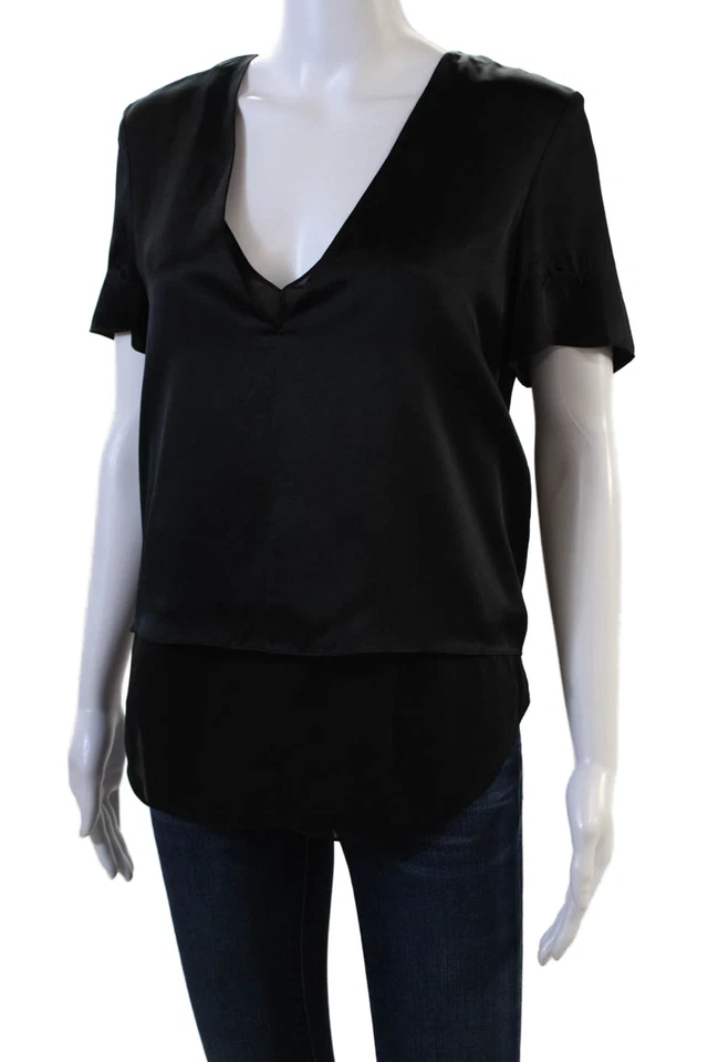 T Alexander Wang Camiseta de capa transparente de manga corta de seda para mujer con cuello en V Negro Talla 2 Foto 2 de 4