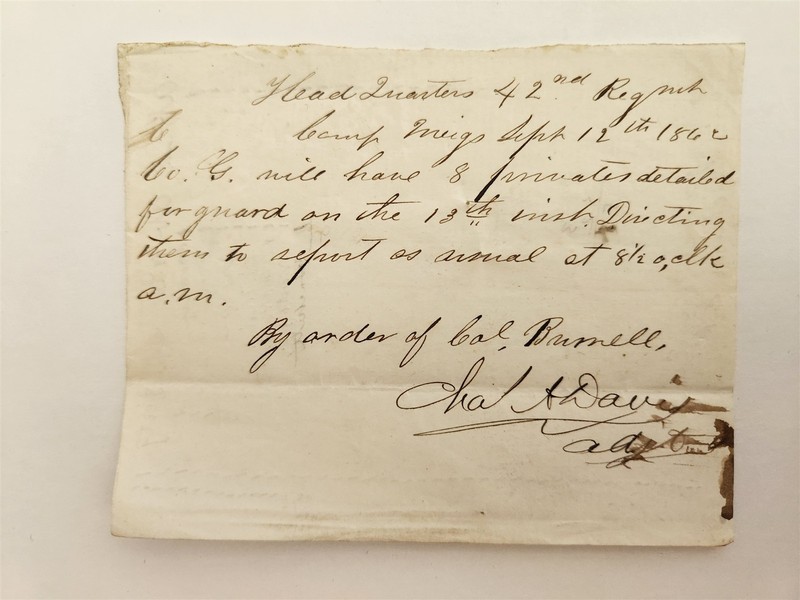1862 antique CIVIL WAR CAMP ORDER Camp Meigs ma 7th & 2d REGT guard duty BURNELL