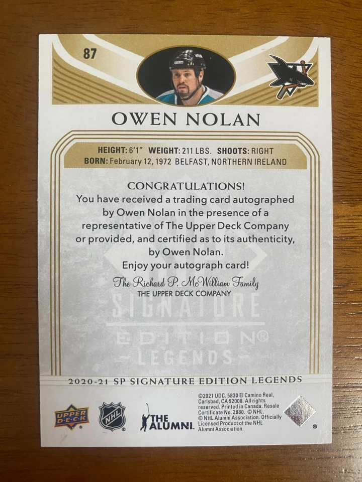 RARE 2020 UD SP Signature Edition Legends Hockey OWEN NOLAN Auto San Jose Sharks - Image 2 of 2