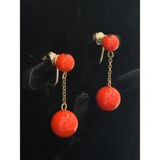 Signed Richelieu Vintage Clip-On Earrings |  Coral-Tone Double Bead Drops