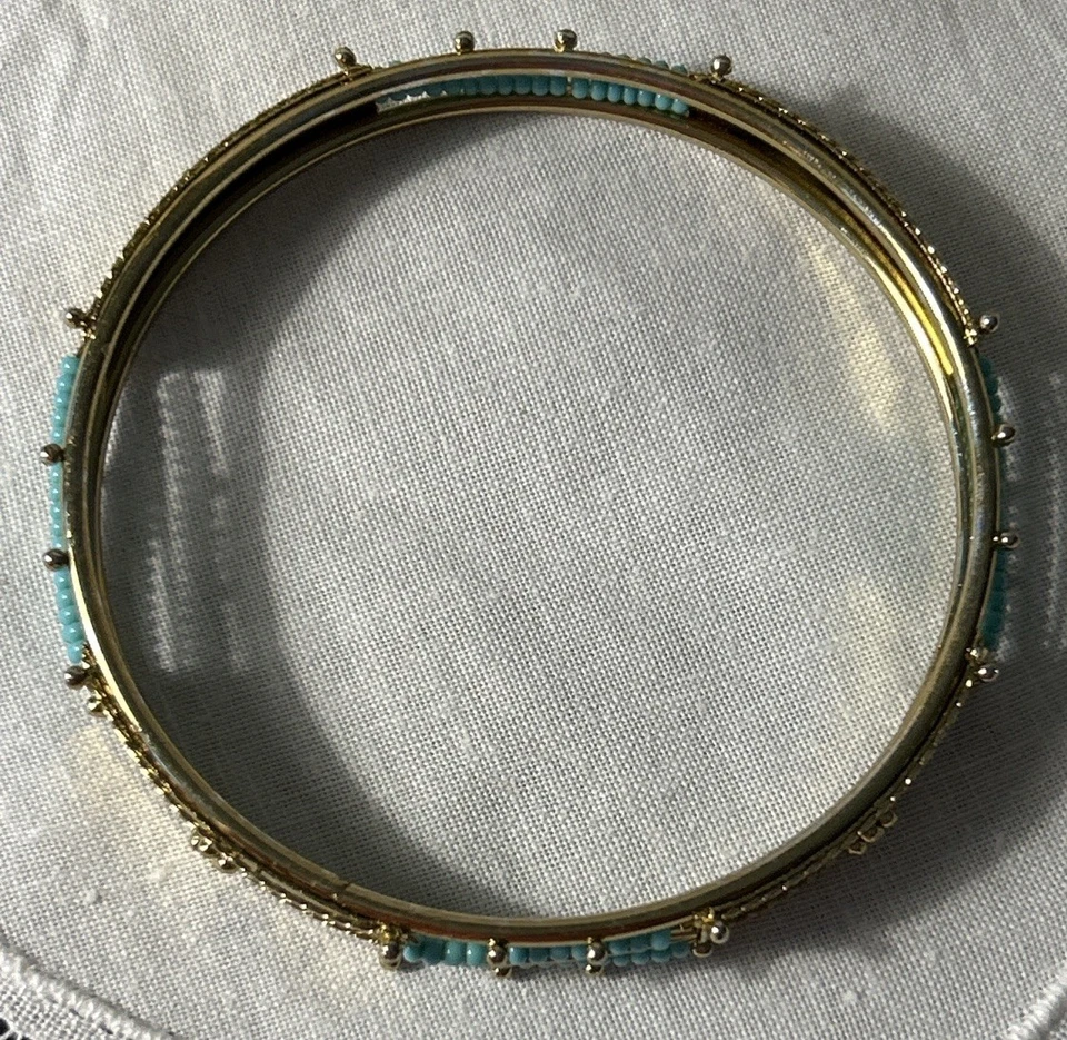 2 Turquoise, Crystal & Gold Bracelets;Bangle & Hinge, Textured Western Boho Chic - Image 4 of 4