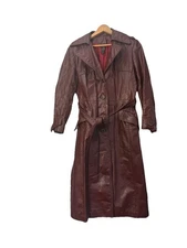 Vintage Leather Trench Coat Women 11/12 S/M  Burgundy Belted 60s 70s