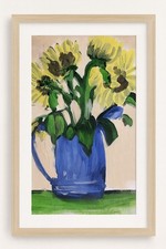 Sunflower Still Life Original Acrylic Painting 9x12 Blue Pitcher Art Home Decor