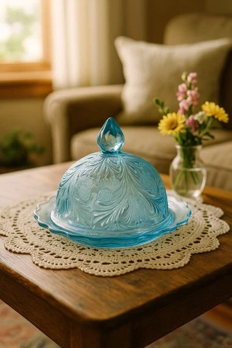 Mosser Glass Blue Iridescent Thistle Butter Cheese Dish Dome Cover Vintage Style