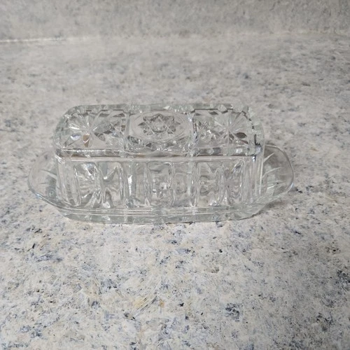 Vintage Star of David Anchor Hocking Pressed Glass Butter Dish with Lid 1960s