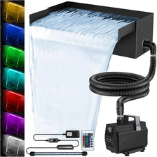 All-In-1 Pond Waterfall Kit with LED Lights, 8 Inch Stainless Steel Spillway wit