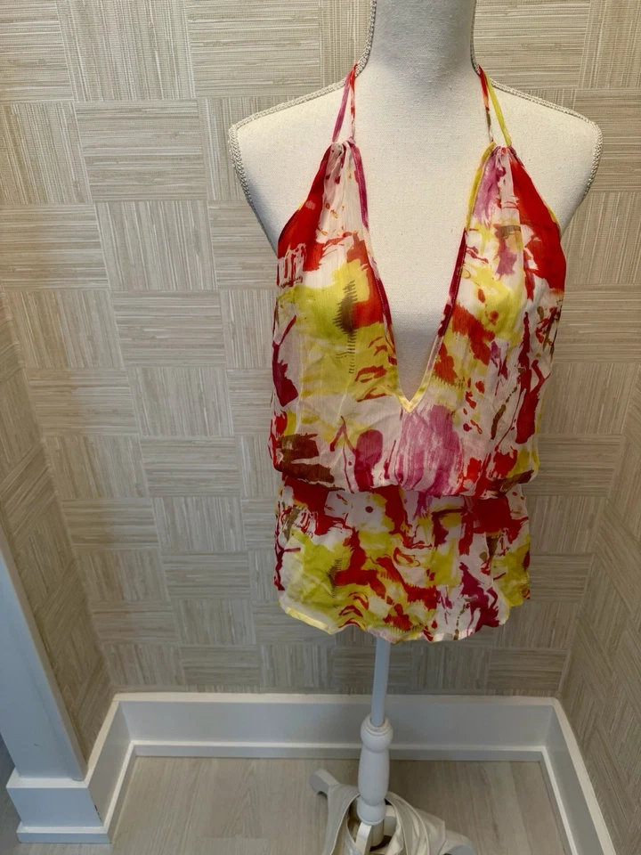 Ropa de resort transparente 100 % seda OndadeMar M – Encubrimiento/top estampado acuarela Foto 3 de 4