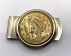 Vintage Money Clip With 1854 Liberty Head Replica Coin Kellogg & CO Made In USA