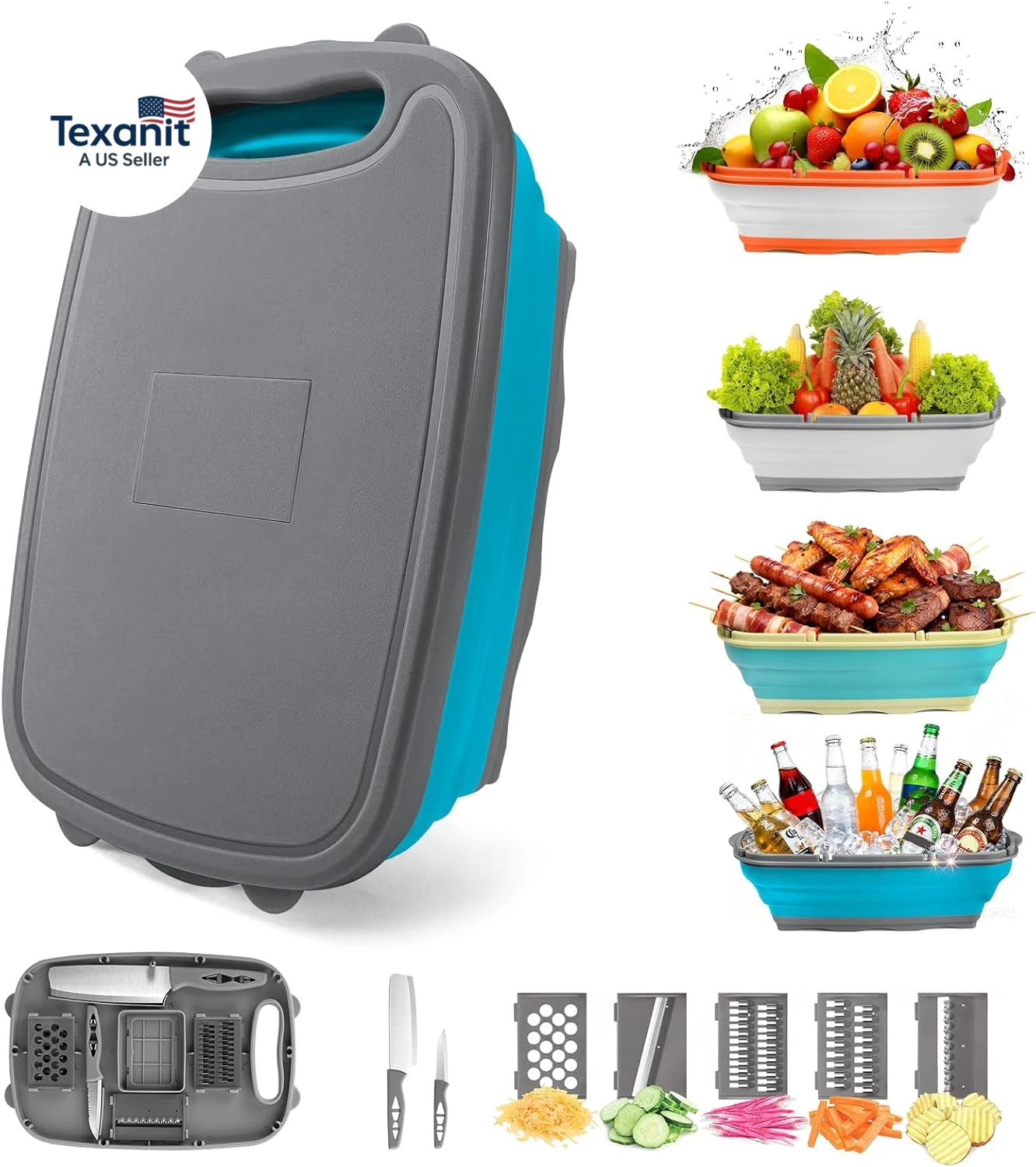 Collapsible Camping Cutting Board, 9-In-1 Chopping Board with Colander, Kitchen