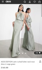 ASOS Edition Satin Ruched Halter Neck Maxi Dress in Sage Green
