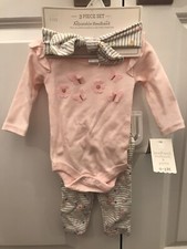 Baby kiss 3 piece set bodysuit, headband, pants sz 0-3 mo Girls Pink