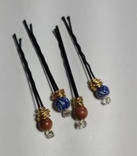 HAND CRAFTED SET OF 4 Goldstone Blue Ceramic BEADED BOBBY PINS HAIR ACCESSORY