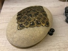 R & Y Augousti Brass Emblem Shagreen Oval Clutch