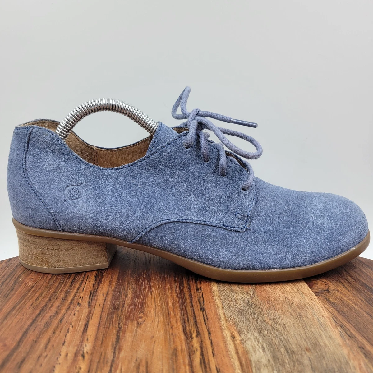 Born Mott Oxford Shoes Women s 9.5M Blue Suede Comfort Lace Up Block Heel Derby