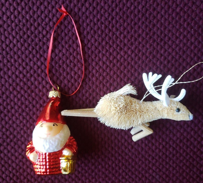 Gnome Glass Santa Ornament And Bonus Bristle Reindeer Ornament