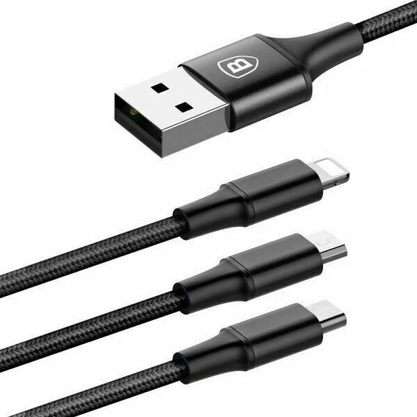BASEUS Rapid Series 3-in-1 Cable USB-A  to (Micro, Type-C + iPhone) Black - 1.2m - Image 3 of 3